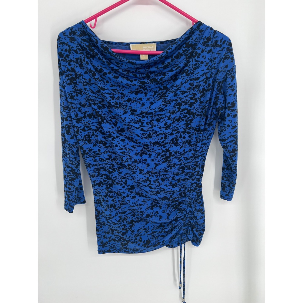Michael Michael Kors Blue Black‎ Splatter Cowl Neck Ruched Top XS 3/4 Sleeve